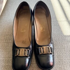 Salvatore Ferragamo Black Leather Flats with Gold Accents